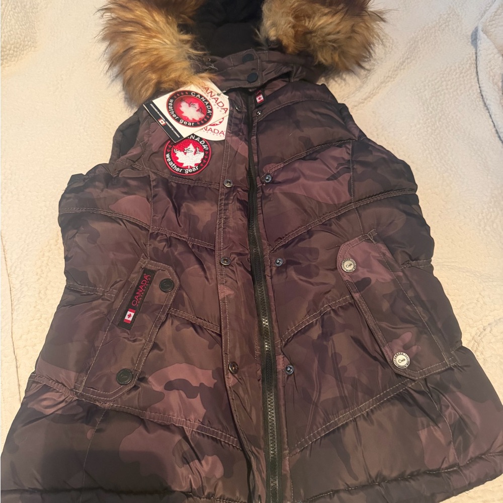 Women's Fur-Trim Hooded Quilted Vest - Camouflage Brown